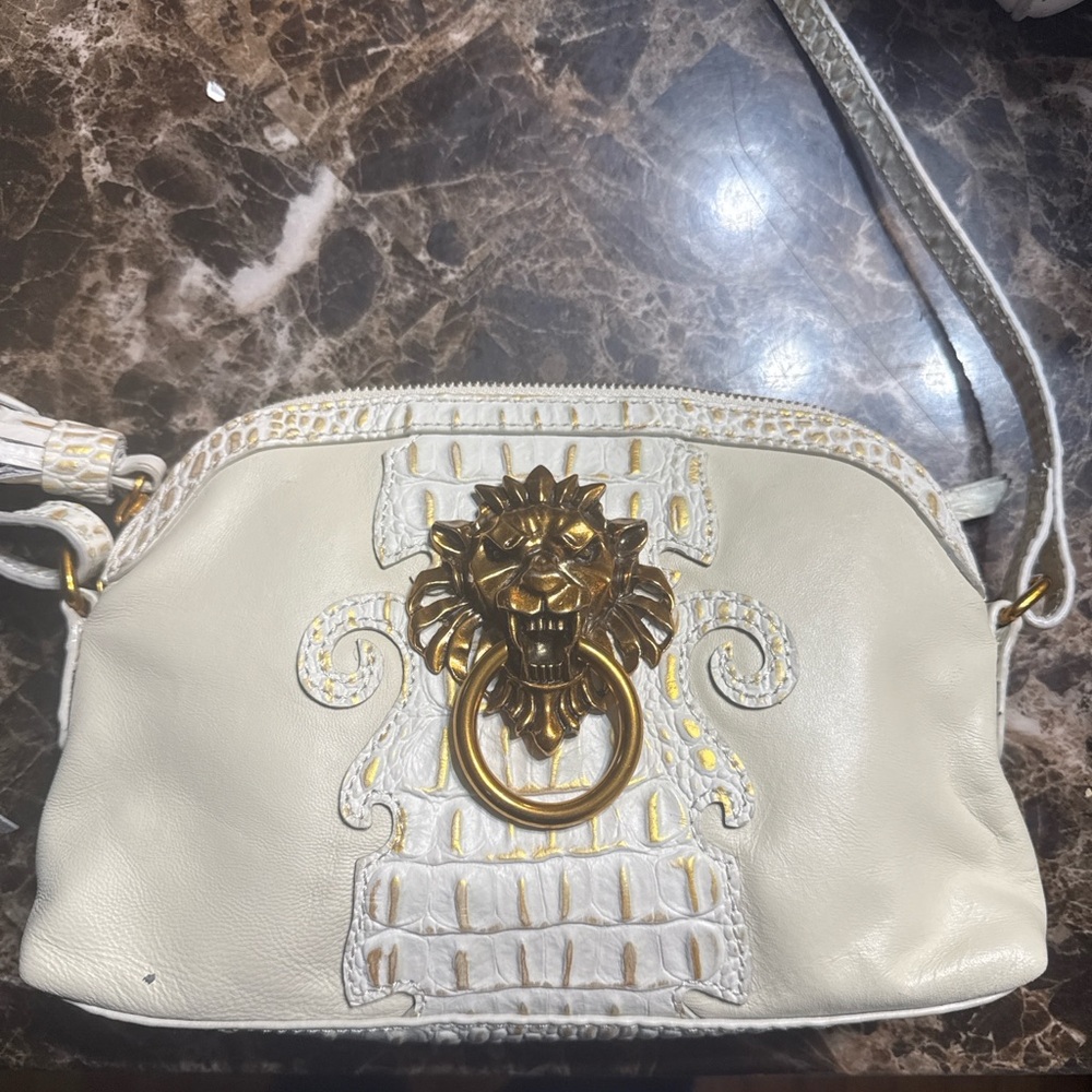 Sharif Cream Leather Clutch with Gold Lion Hardware - Picture 3 of 15